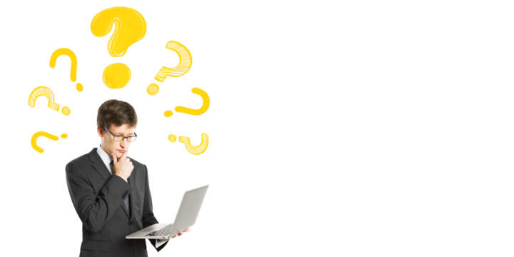 Businessman holding laptop and thinking, surrounded by yellow question marks, on clean white background, concept of curiosity and brainstorming