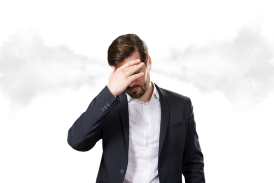 Businessman in suit holding head in frustration with steam effect from ears, clean white background, concept of stress and business burnout