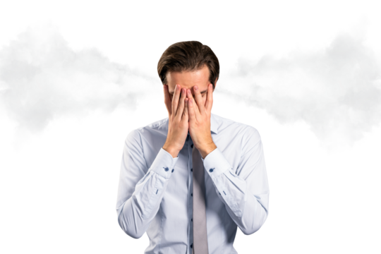 Businessman in shirt and tie covering face in frustration, light style, clean white background, concept of stress and emotional burnout
