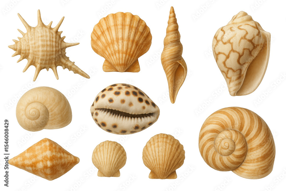 Poster ten seashells of different shapes and sizes, creating a diverse and visually appealing collection ag