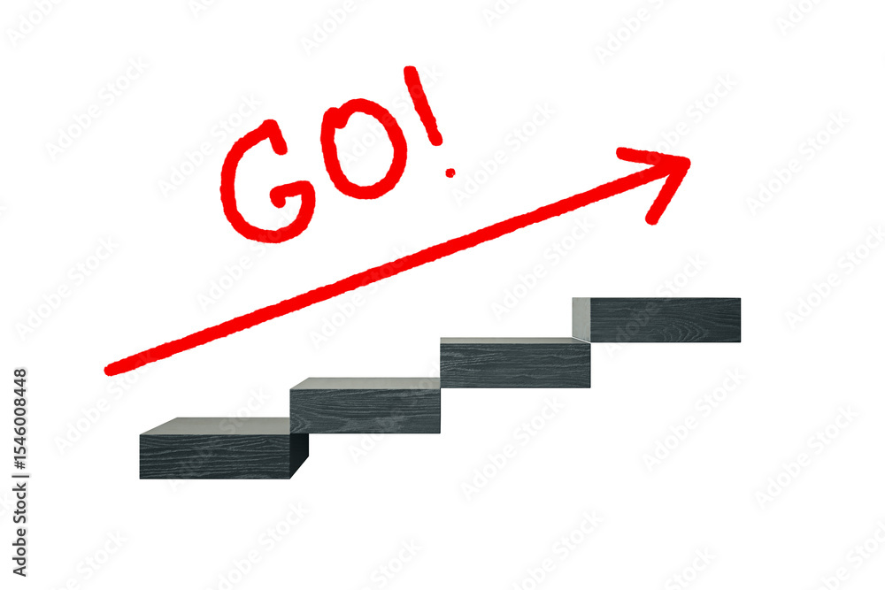 Poster black staircase steps with red upward arrow and go text on clean white background, representing path