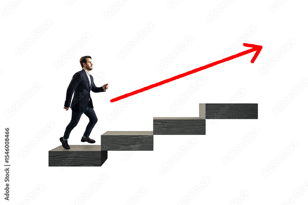 Poster businessman ascending steps with red arrow pointing upward on white background, symbolizing career p