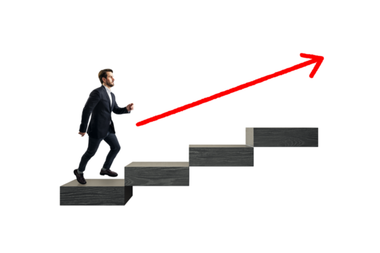 Businessman ascending steps with red arrow pointing upward on white background, symbolizing career progress, leadership, and business success