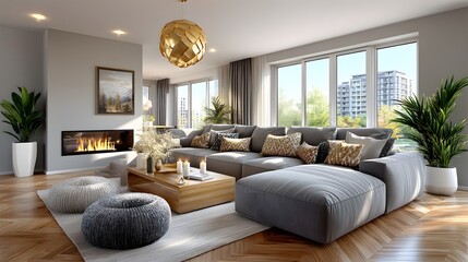 Stylish luxury living room interior decor high resolution photo