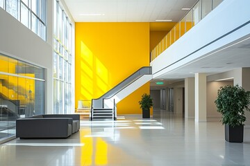Modern office lobby with bold yellow accent wall, large windows, and escalator