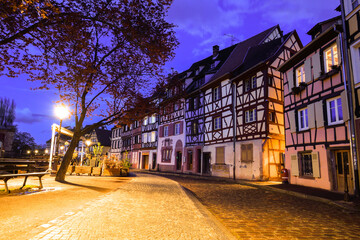 Eguisteim with typical houses at dusk