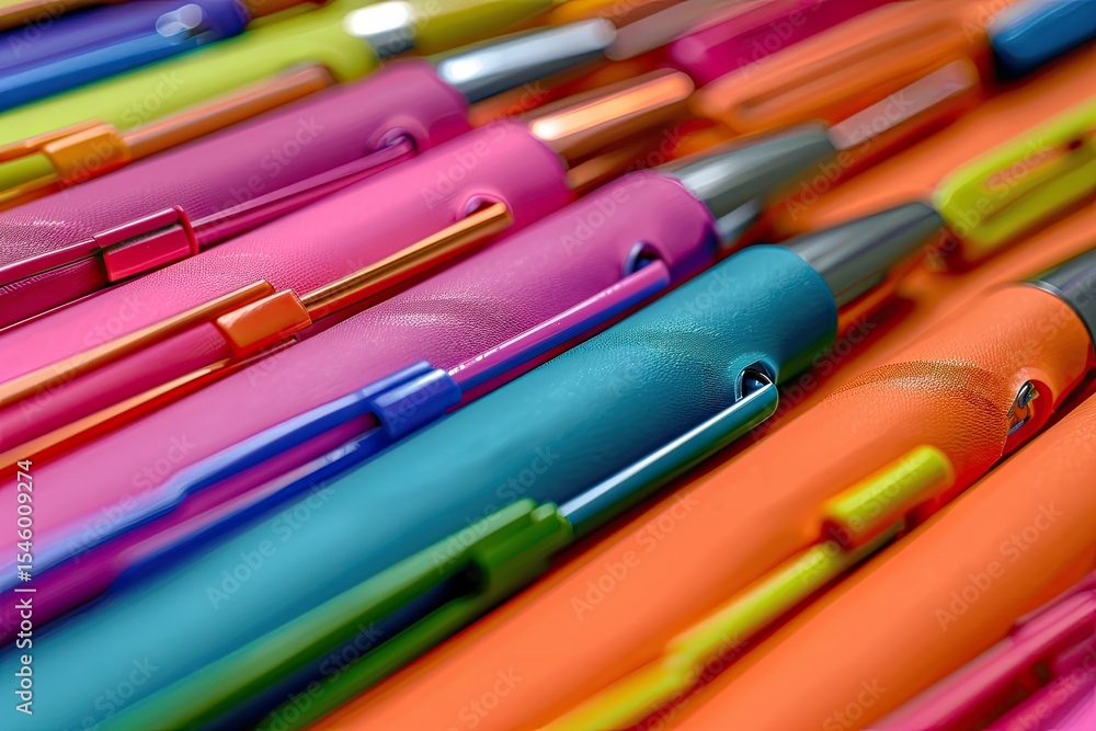 Poster flawless image of a close up of a bunch of different colored notebooks and pens