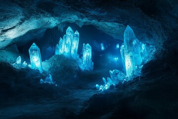 Glowing crystal formations in a dark cave illuminated with blue ambient light