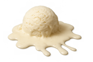 Vanilla ice cream scoop softly melting, forming delicate creamy puddle against pristine transparent surface