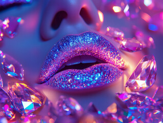 glossy holographic lips close-up – perfect for fashion editorials, beauty advertisements, cosmetic branding, or futuristic design themes