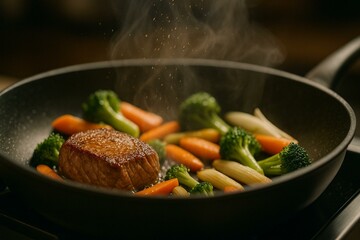 Hot Pan Cooking with Juicy Steak and Colorful Vegetables.