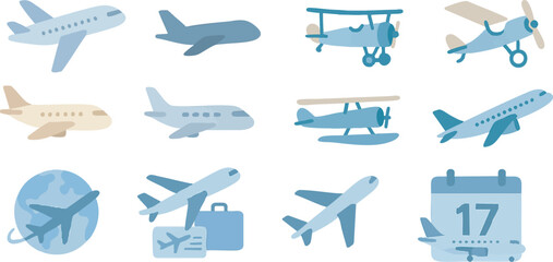 Flat Travel Airplane Icon Set for Travel Booking and Tourism Design - AI Generative