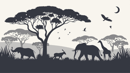 A monochrome african savanna scene with wildlife silhouettes under a crescent moon and scattered birds