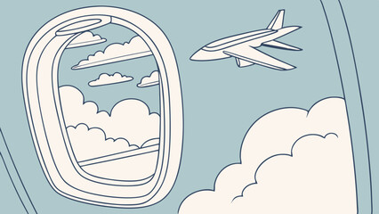 Illustration of an airplane seen through an airplane window with clouds in the background and foreground