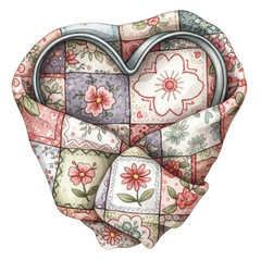 Watercolor illustration clipart of a heart-shaped cookie cutter wrapped in vintage quilt fabric, with applique-style embroidery and delicate patchwork florals, isolate on white background
