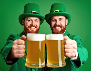 Two smiling men in green suits and hats holding beer mugs on St Patricks Day