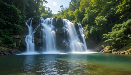 Obraz premium Original name(s): One of the most well-known and exquisite waterfalls in the world is the Bigar Waterfall, shown in this medium shot. It is located in Romania's Oravita.png