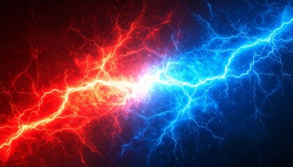 赤と青のエネルギーが交錯する衝撃的な瞬間　ダイナミックな対決構図