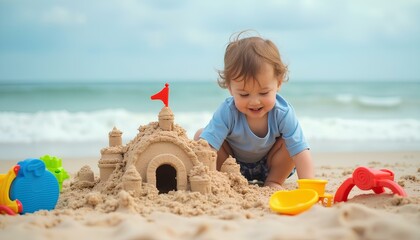 Happy toddler playing in sand near a large sandcastle and colorful toys at the beach