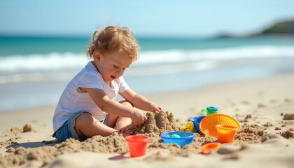 Happy toddler playing in sand near a large sandcastle and colorful toys at the beach