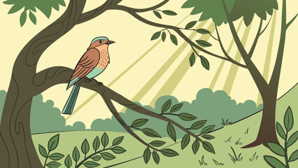 Illustration of a european roller bird perched on a tree branch in a bright, sunny, forest scene