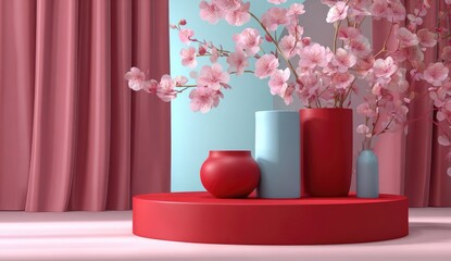 Pink blossoms in red and blue vases on a red circular platform against a dusty rose curtain and pale blue wall