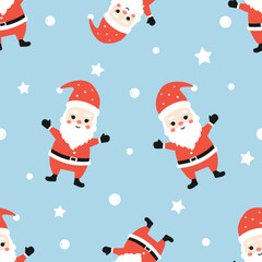 Christmas seamless pattern with Santa Claus cartoons, stars and snowflakes on blue sky background vector.