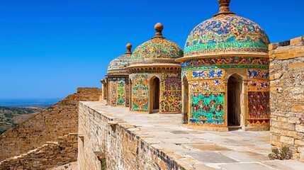 Multicolored Tiled Domes on Stone Wall, Sunny Day Landscape
