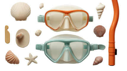 Pair of swim goggles and snorkel mask, summer travel gear flat lay, PNG