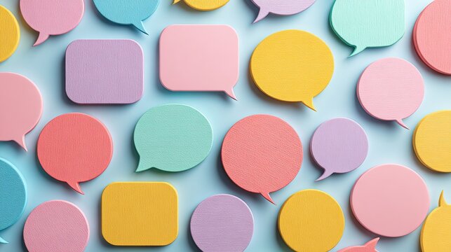 Colorful speech bubbles on pastel background, symbolizing abstract communication and creative expression
