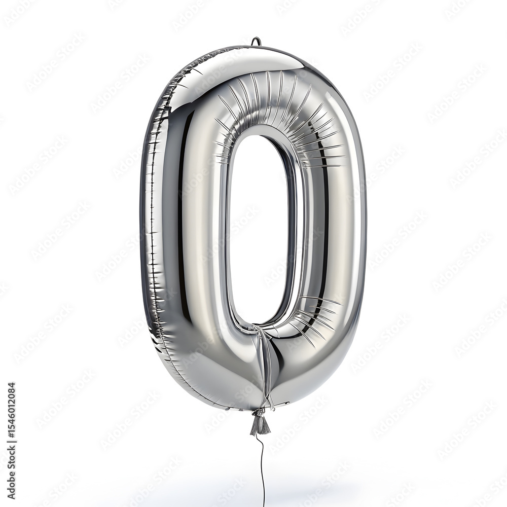 Fototapete a balloon shaped like the number 0, silver metallic finish with realistic reflections and smooth tex
