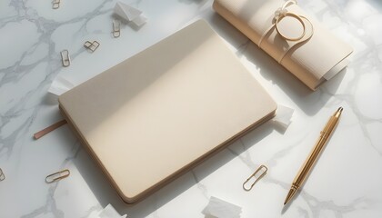 Flat lay of minimalist stationery, beige notebook, gold pen, paper clips, white background, soft natural lighting, clean and aesthetic