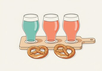 Colorful craft beer glasses with pretzels on wooden board  