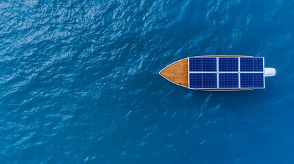 Obraz premium Aerial view of a solar powered boat on blue water The vessel features a wooden deck and multiple solar panels