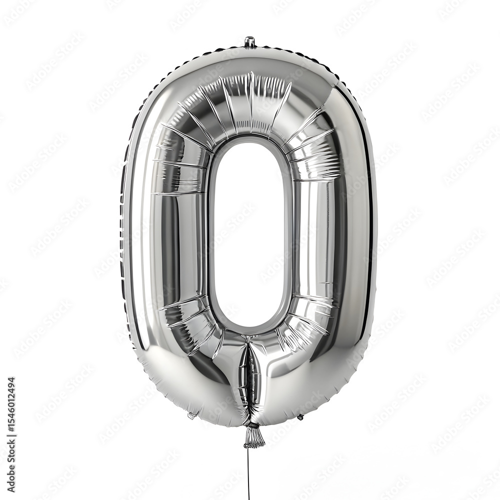 Fototapete a balloon shaped like the number 0, silver metallic finish with realistic reflections and smooth tex
