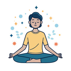 Mindfulness Meditation: A person sits in a serene lotus position, eyes closed, radiating inner peace and tranquility, surrounded by calming pastel-colored decorative elements. 