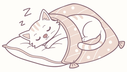 A cute cartoon cat sleeping soundly on a pillow with a blanket and zzz symbols indicating sleepiness