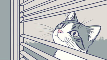A curious cat peeks through the blinds with wide eyes observing the world outside the window space area