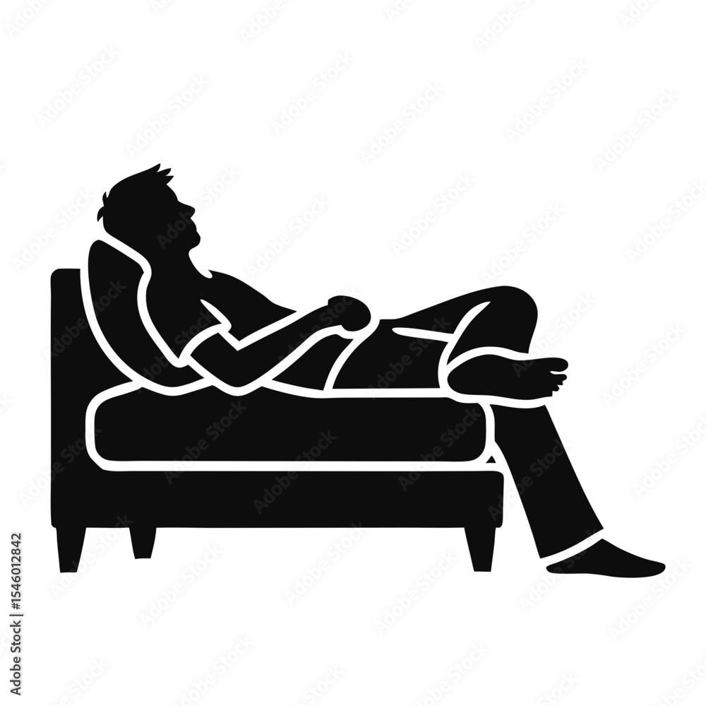 Poster man relaxing on comfy couch. person enjoys leisure time on comfortable sofa. relaxation concept for 