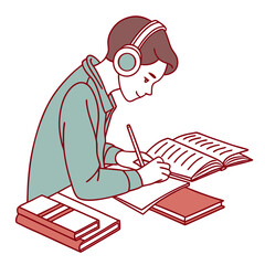 Focus and Flow: A person, immersed in the process of learning, focuses intently, headphones on, as the pen glides across the paper, with books around.