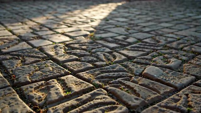 a close up of a cobblestone road with a person walking on it