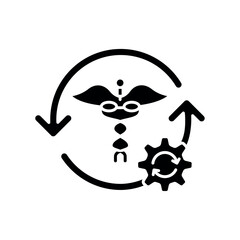 Restoring healthcare systems black flat icon for digital and print projects.