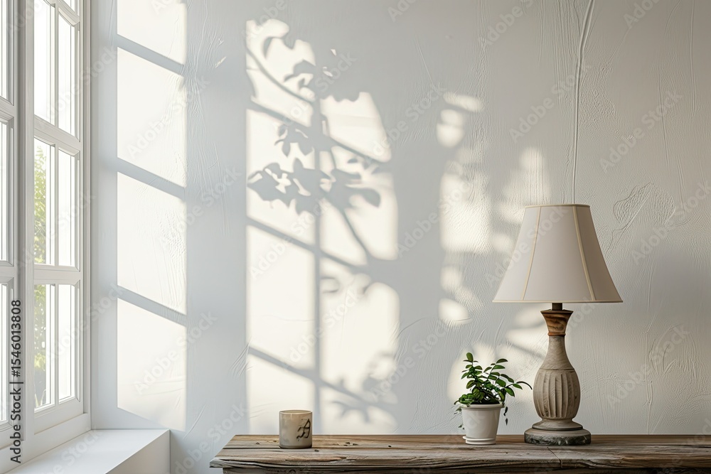 Poster vibrant image of a window with a white wall and a lamp on the table