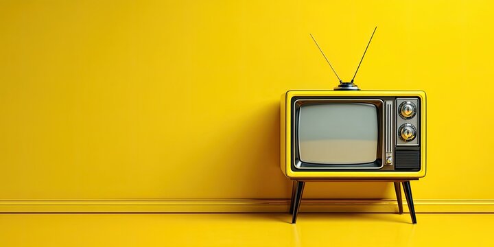 Retro yellow television set against a yellow wall, minimal aesthetic