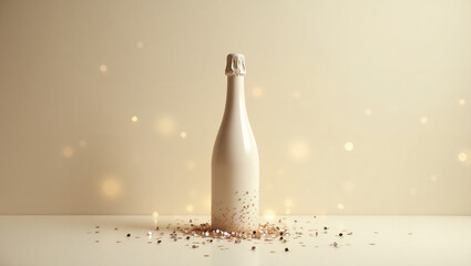 Elegant White Champagne Bottle with Bokeh Lights and Confetti - Festive Celebration and Party Background
