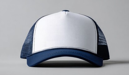 A navy blue and white trucker hat, front view, on a gray background;  large white front panel, mesh back