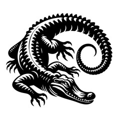 Black and white vector silhouette of a alligator on white background