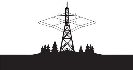 Silhouette of High Voltage Power Transmission Tower in Forest Landscape

