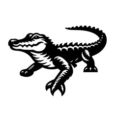 Black and white vector silhouette of a alligator on white background