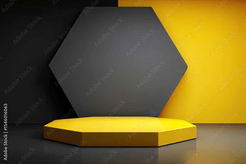 Poster a yellow hexagonal platform sits before a larger black hexagon against a yellow wall, creating a min